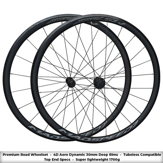 QR 700c Road Racing Bike Wheel Set 8/9/10/11 Speed - Taiwan Sealed Bearings Hubs - 4D Aero-Dynamic Sleeved Rims - Tubeless Compatible - Super Lightweight 1700g