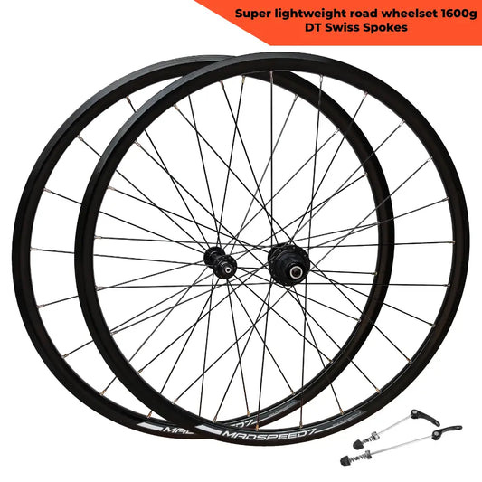 QR 700c (ETRTO 622x14) Road Racing Bike Wheel Set 8/9/10/11 Speed - Premium 6x3 Pawls Taiwan Sealed Bearings Hubs - DT Swiss Champion Spokes - Super Lightweight 1600g