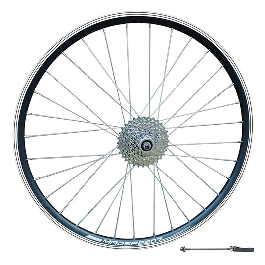 700c (ETRTO 622x15) Road Racing Bike REAR Wheel + 8 Speed Freewheel - Sealed Bearings Hub - Double Wall Rim - 32x Silver Spokes