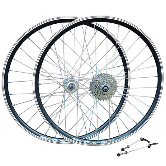 QR 26" (ETRTO 559x19) MTB Mountain Bike Wheelset 7/8/9 Speed Freewheel - Rim & Disc Brake Compatible - Sealed Bearings Hubs - Double Wall Rims - 32x Silver Spokes