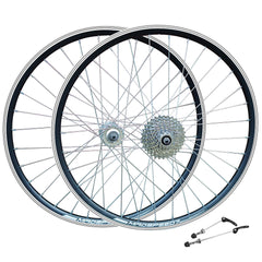 QR 26" (ETRTO 559x19) MTB Mountain Bike Wheel Set 7/8/9 Speed Freewheel - Rim & Disc Brake Compatible - Sealed Bearings Hubs - Double Wall Rims - 32x Silver Spokes