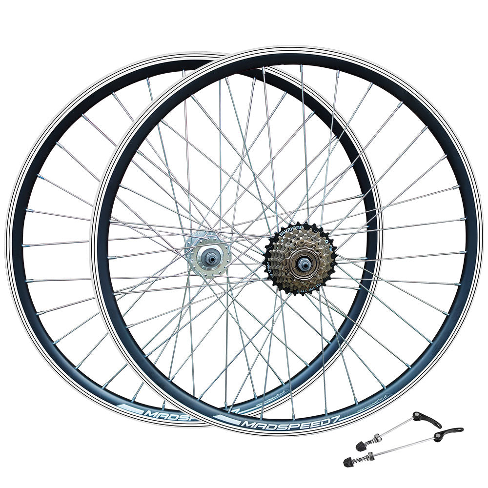 QR 26" (ETRTO 559x19) MTB Mountain Bike Wheelset Shimano 6/7 Speed Freewheel - Rim & Disc Brake Compatible - Sealed Bearings Hubs - Double Wall Rims - 32x Silver Spokes