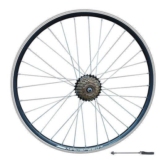QR 26″ (ETRTO 559x19) MTB Mountain Bike REAR Wheel Shimano 6/7 Speed Freewheel - Rim & Disc Brake Compatible - Sealed Bearings Hub - Double Wall - 32x Silver Spokes
